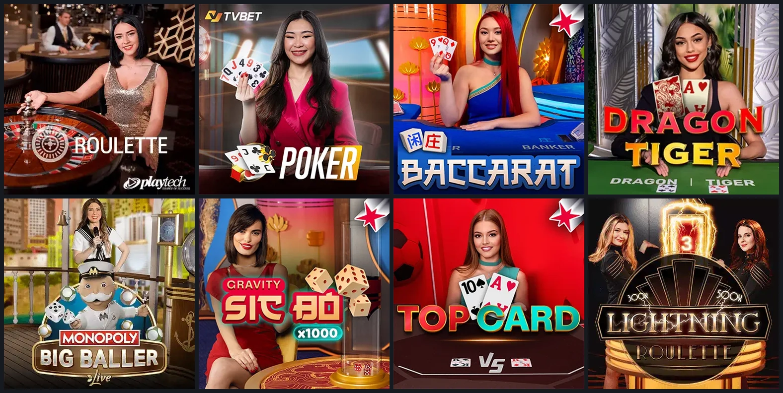 Roulette, Poker, Baccarat und Live-Shows als acht Spielcover
